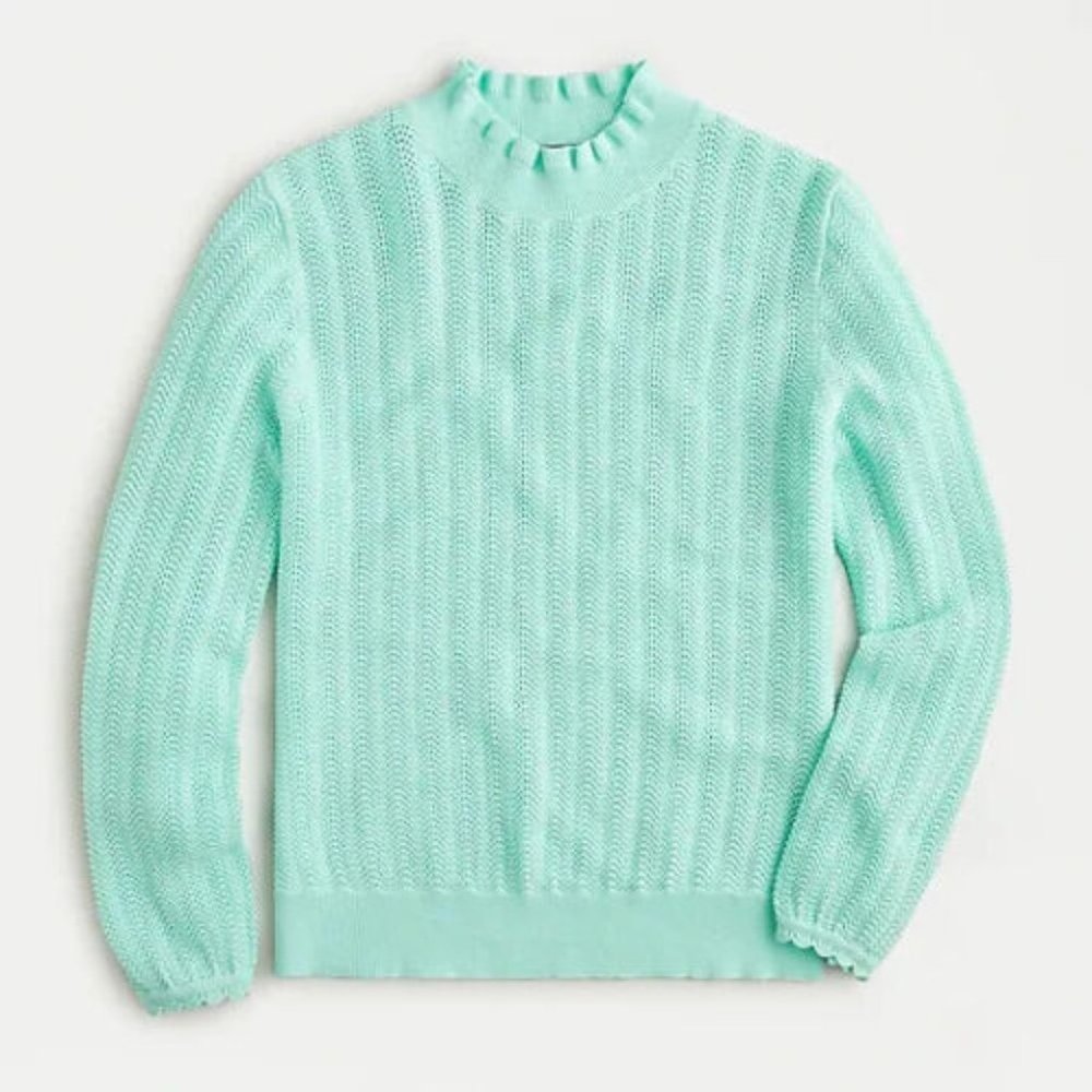 J. Crew Sweater XXS Pointelle Ruffle Mock Neck Sea Spray Green AK180